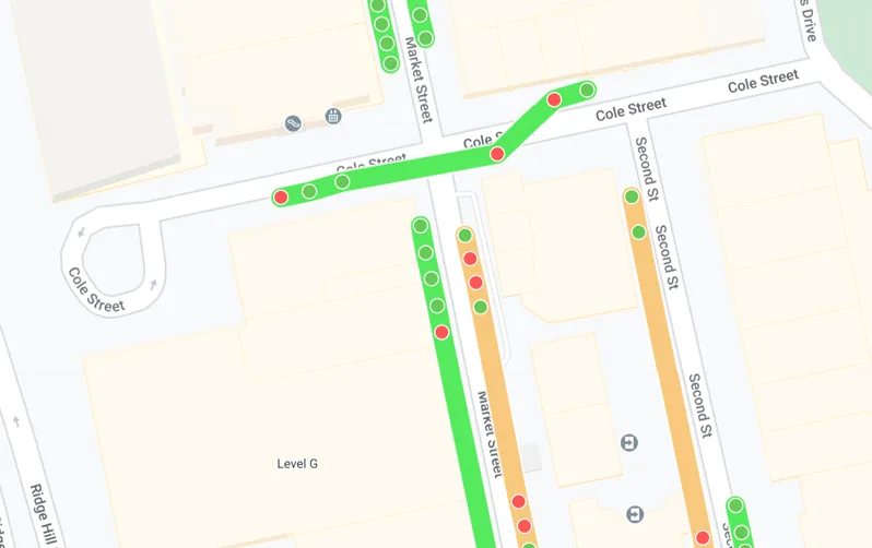 Nwave analytics map showing live parking space occupancy